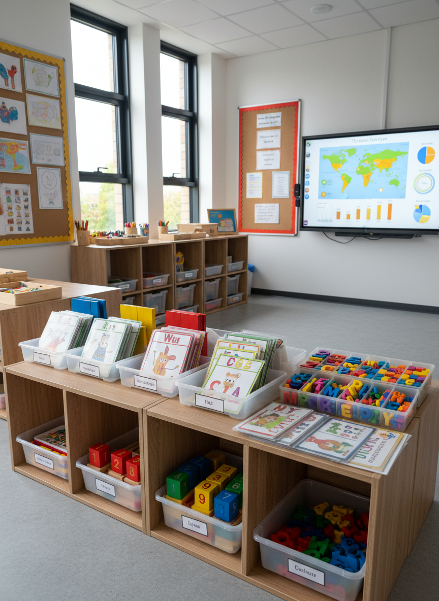 A modern primary school classroom focused on a large, wall-mounted interactive whiteboard displaying a colorful world map and simple graphs. Low bookshelves are lined with tactile educational products such as sturdy wooden number blocks, laminated activity cards, and bright magnetic letters organized in trays. Natural daylight pours through tall windows, reflecting softly off a matte-finish tiled floor and textured cork display boards. The atmosphere feels calm and studious, with subtle shadows defining each object. Photographed at eye level with sharp focus throughout and a clean, documentary-style photographic realism, the composition uses the rule of thirds to emphasize the relationship between traditional materials in the foreground and the digital screen in the background, suggesting balanced, authentic learning.