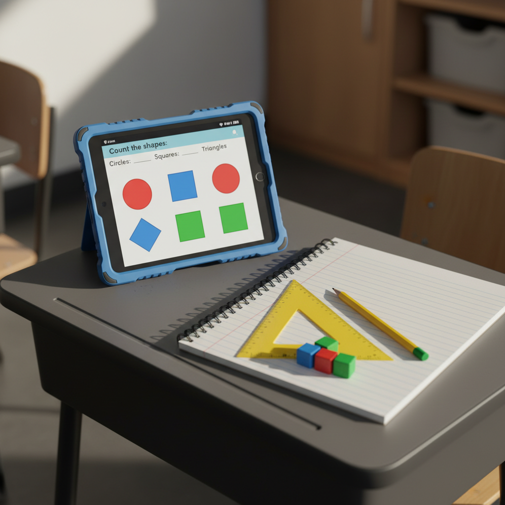 A detailed close-up of a student workstation without showing any students: a matte-finish school desk with a slightly worn edge, holding a ruggedized tablet in a protective case displaying a simple, colorful math exercise, alongside a lined notebook open to a neatly ruled blank page. A triangular ruler, chunky pencil, and set of small counting cubes are arranged with natural imperfection. Soft morning window light from the right produces gentle directional shadows and a calm, focused mood. The background is softly blurred but hints at other desks and a classroom storage unit. Photographed from an overhead three-quarter angle with a shallow depth of field, the realistic image highlights the interplay between physical manipulatives and digital practice in everyday learning.