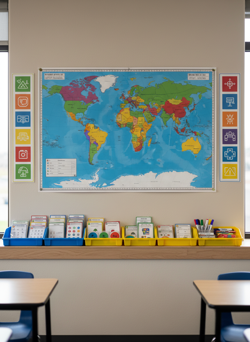 A close-up, horizontal photographic shot of a large, colorful school wall map hanging on a slightly textured classroom wall, accompanied by adjacent educational posters with abstract icons instead of text. Beneath the map, a narrow wooden ledge holds a row of small, stackable plastic trays filled with laminated task cards, behavior tracking tokens, and dry-erase markers. Natural overcast daylight from a nearby window creates soft, shadowless lighting, revealing the subtle sheen of the lamination and the grain in the wood. The mood is professional and informative, with a clean, modern aesthetic. Captured straight on with a shallow depth of field that keeps the map and trays sharp while gently blurring the distant classroom furniture, the image underscores high-quality visual materials as a core part of teaching.