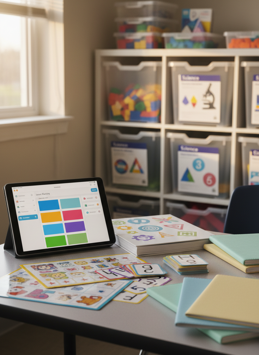 An inviting teacher’s desk in a real classroom, neatly arranged with open digital tablet displaying a lesson dashboard beside a printed spiral-bound teacher’s guide labeled only with generic symbols. Around it lie laminated behavior charts, colorful flashcards, and a stack of blank exercise notebooks with soft, textured covers. In the background, slightly out of focus, practical storage units hold bins of math manipulatives and science kits. Soft afternoon window light enters from the left, creating gentle highlights on the tablet’s glass and subtle shadows along the paper edges. Shot from a slightly elevated angle with shallow depth of field, this photographic image feels organized and professional, conveying how educational products and software support thoughtful lesson planning.