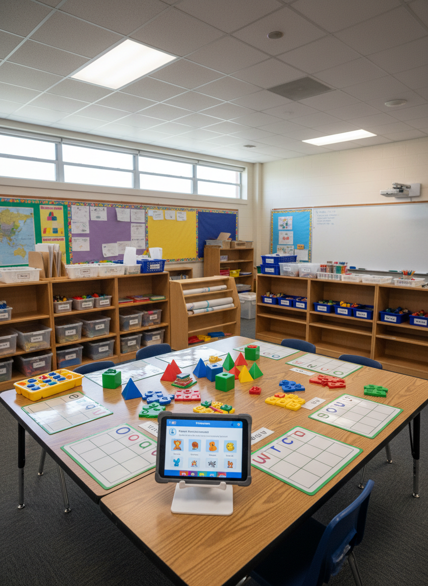 A spacious, well-used elementary classroom scene centered on a rectangular table covered with hands-on educational products: durable plastic geometry shapes, tactile letter tiles, laminated activity mats, and a simple, generic-branded tablet propped on a stand showing an illustrated quiz interface. Surrounding shelves contain neatly labeled transparent bins holding more learning tools and maps rolled in a corner rack. Overhead, diffused ceiling lights mix with soft daylight from high windows, creating even, naturalistic illumination with minimal glare. Photographed from a slightly elevated corner of the room with wide-angle perspective and sharp detail, the composition highlights the table as the focal point while keeping the background authentic and slightly imperfect, suggesting real, everyday classroom practice supported by both physical and digital resources.