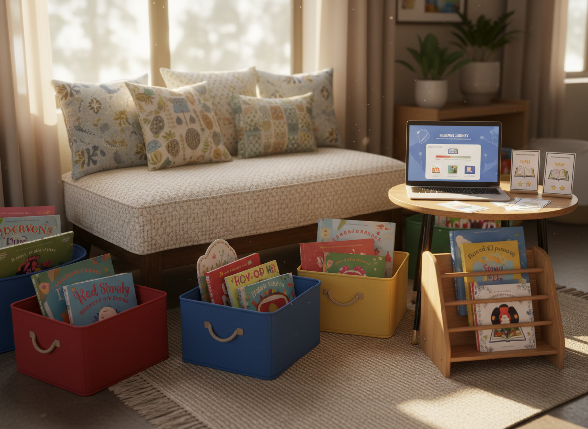 A tidy reading and learning nook in a classroom, centered on a low, upholstered bench with neutral fabric surrounded by book bins filled with colorful, unbranded children’s books. On a small adjacent table, a lightweight laptop shows a generic library or reading progress interface, while printed recommendation cards and a simple, wooden book display stand nearby. Warm late-afternoon sunlight streams in from a side window, casting elongated, gentle shadows and creating a cozy, focused atmosphere. Photographed from a low, three-quarter angle with a slightly shallow depth of field, the image balances soft textures from cushions and fabric book bins with the sleek surface of the laptop screen, reinforcing the idea of digital tools quietly enhancing traditional reading spaces.
