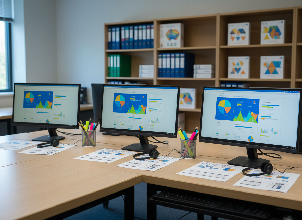 A realistic computer lab corner in a school, featuring a sturdy, light-wood table with three slim desktop monitors showing generic, colorful learning dashboards without legible text. Beside each monitor sits a stack of printed worksheets, a simple headset, and a small caddy of pencils and highlighters. A tall bookshelf in the background holds curriculum binders and boxed educational kits, their covers designed with abstract shapes rather than brand names. Cool, even overhead lighting mixes with faint window light, producing balanced illumination and soft reflections on the screens. Photographed at eye level with moderate depth of field, the composition uses leading lines from the desktops to guide the eye toward the digital content, illustrating how software and print materials work together in an authentic school setting.